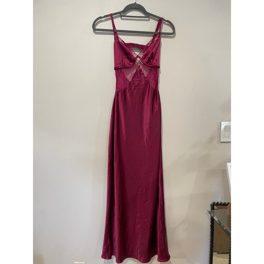 NWT Princess Polly Birchwood Silk Sheer Lace Cutout Maxi Dress Wine Women's Sz 0 - Picture 2 of 6
